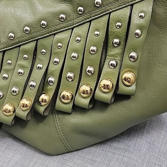 B. Makowsky Olive Green Fringed & Studded Metallic Leather Hobo Shoulder Bag - Picture 4 of 10